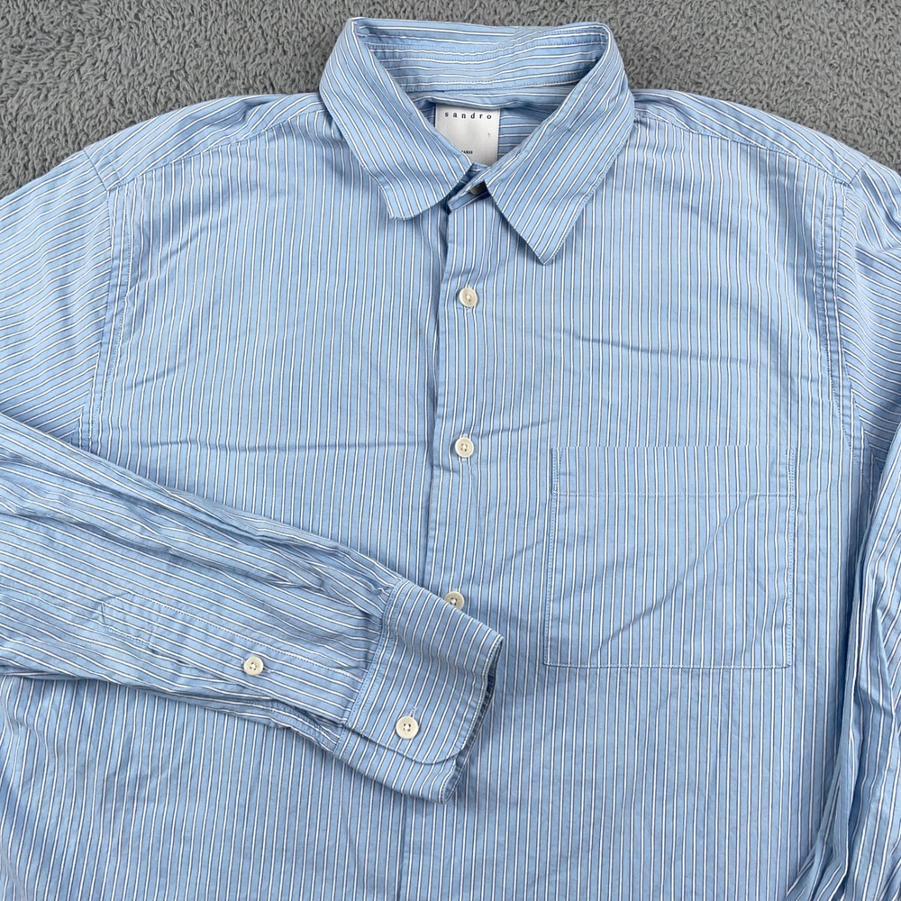 Sandro Paris Shirt Mens Medium Blue White Striped Button Up Long Sleeve Pocket